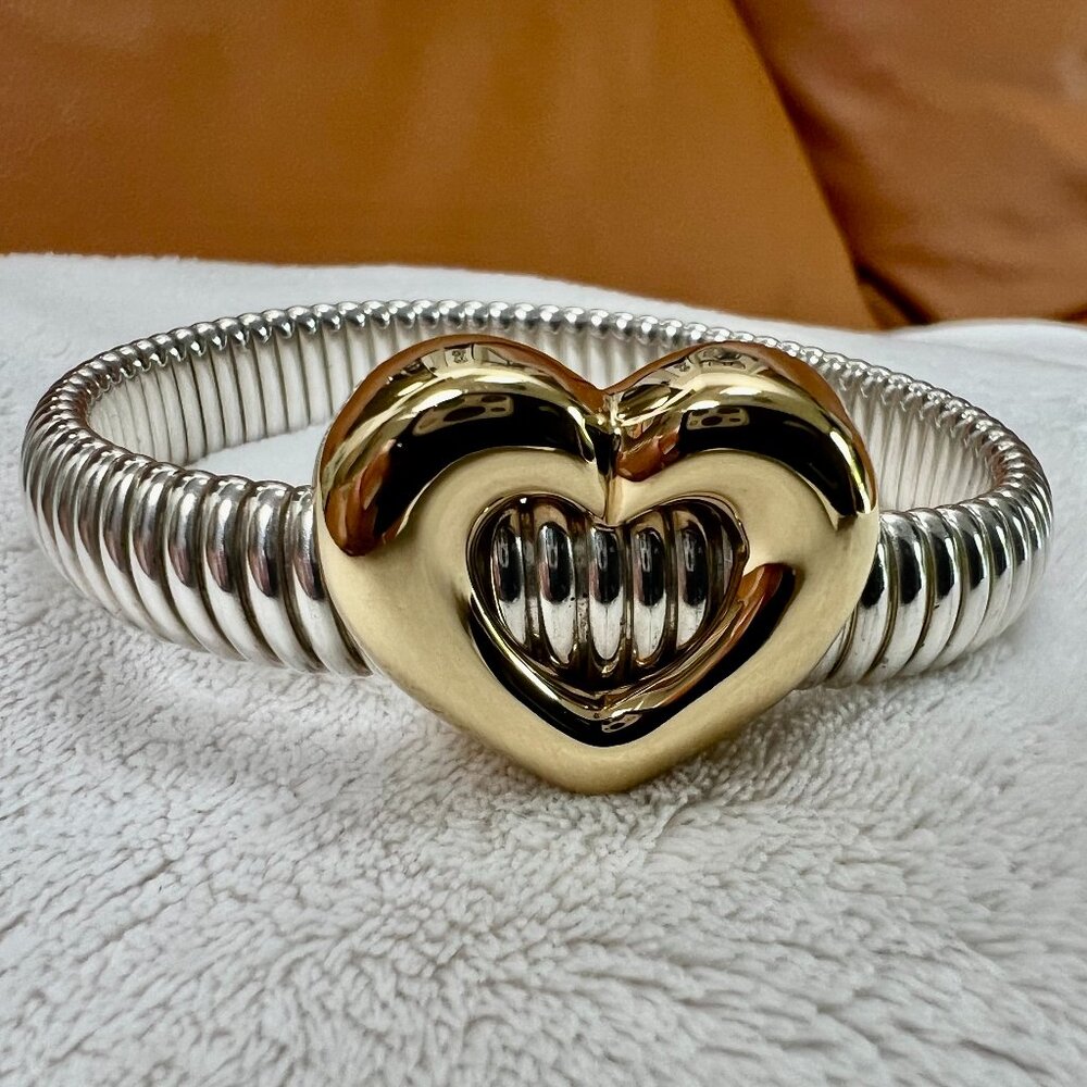 Rare Designer Signed 925 Sterling & 14K Yellow Gold Heart Bracelet